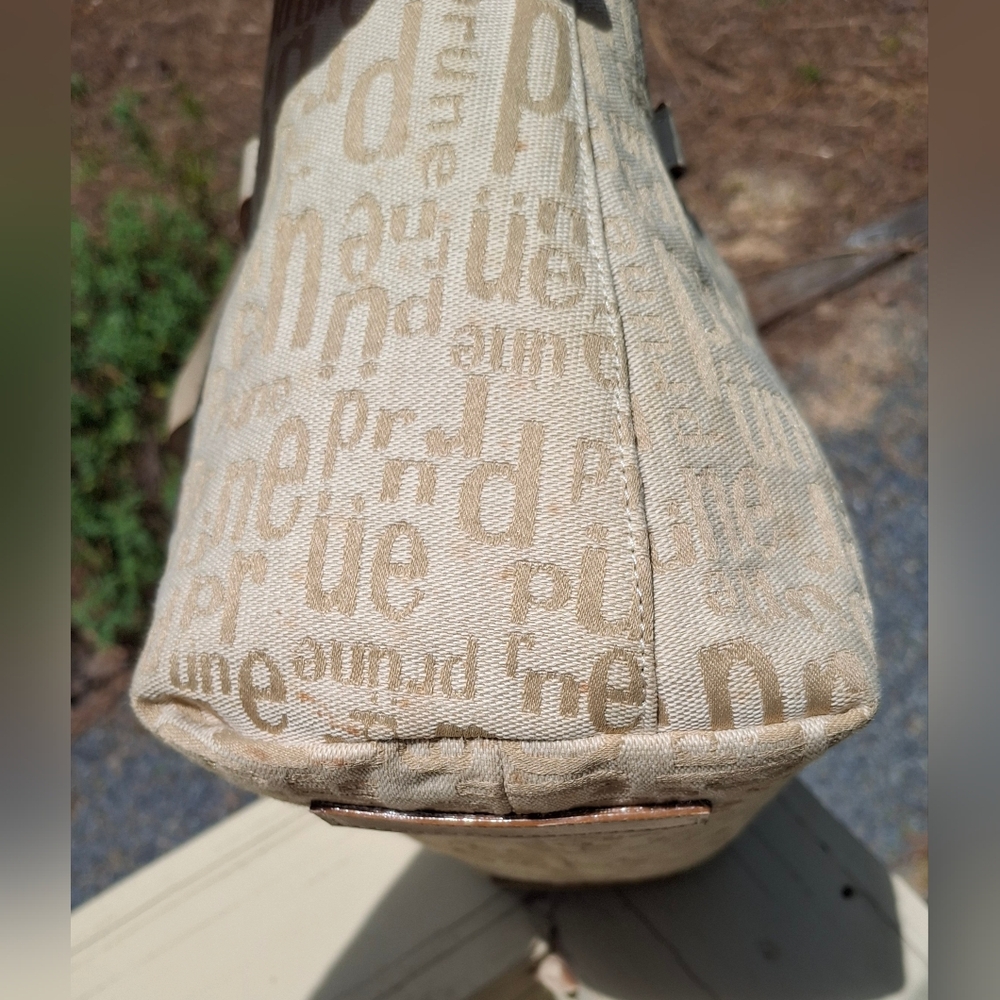 Prune Logo Print Soft Cream/Tan Canvas & Tan Leather Trim Shoulder Bag - Picture 9 of 15